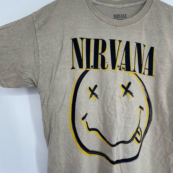 Officially Licensed Nirvana Nevermind Smiley Grunge Tee Beige Acid Wash Large - Picture 3 of 5